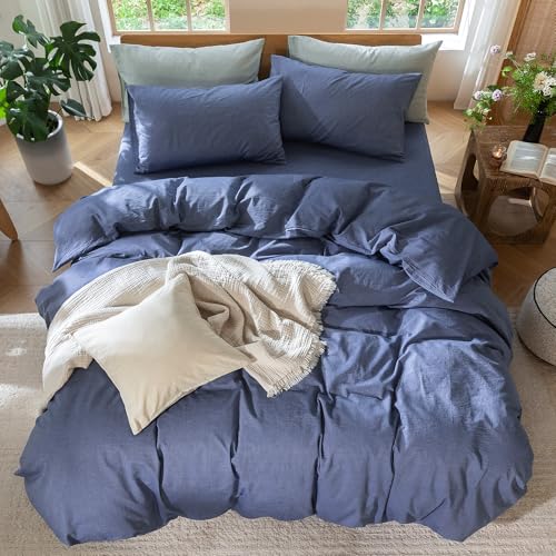 Duvet Cover Set 100% Washed Cotton Linen Like Super Queen (3 Piece Set)