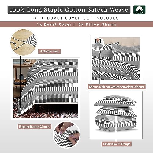 100% Cotton Cascade Stripe Print King Duvet Cover Set 400TC Grey