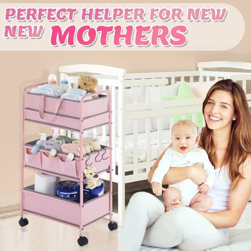 2in1 Baby Diaper Caddy Organizer Cart 3 Tier Large Capacity Metal Utility Bedside Rolling Cart with Divider Newborn Registry Nursery Essential Must Have Crib Bedroom Baby Shower (2 Count)