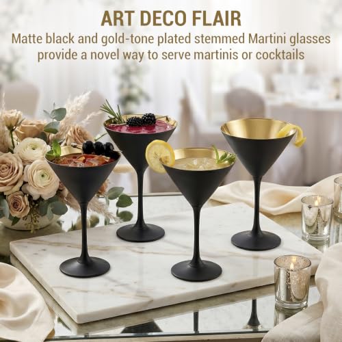8 Ounce Modern Matte Black and Metallic Gold Tone Plated Martini Glasses (4 Count)
