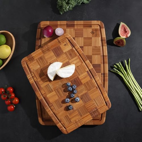 2 Pack Heavy Duty Bamboo Cutting Board Set Non Slip Over Sink Solid Thick Wood Chopping Board End Grain Extra Large Big Small Best Organic Hardwood Wooden Kitchen Essential New Home Housewarming Gift (2 Count)