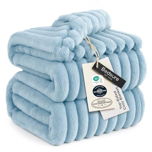 Soft Full Size Fleece Blankets for Bed Light Blue 84"x90"