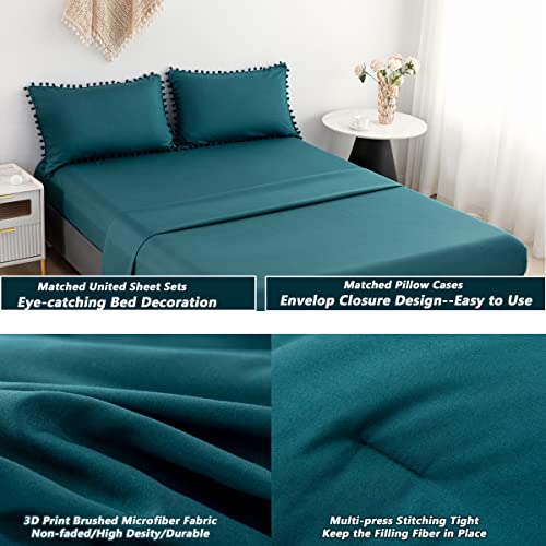 5 Pcs Boho Bed in a Bag Queen Teal Boho Chic Pom Pom Fringe Comforter for Girls Women Ultra Soft Lightweight Bedding with Sheet Set for All Season