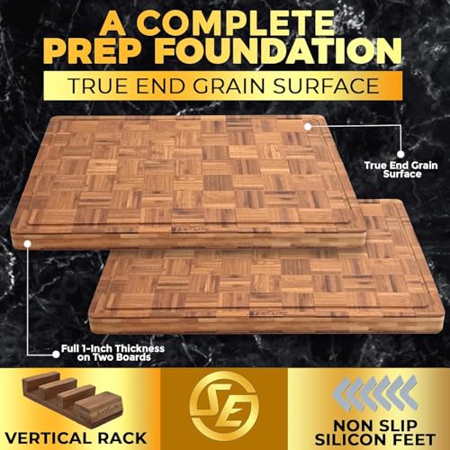 Extra Large Bamboo Cutting Board Set 3 Piece End Grain Wooden Chopping Boards with Holder Non Slip Feet Juice Groove XL Butcher Block Style Boards for Kitchen Carving and Serving