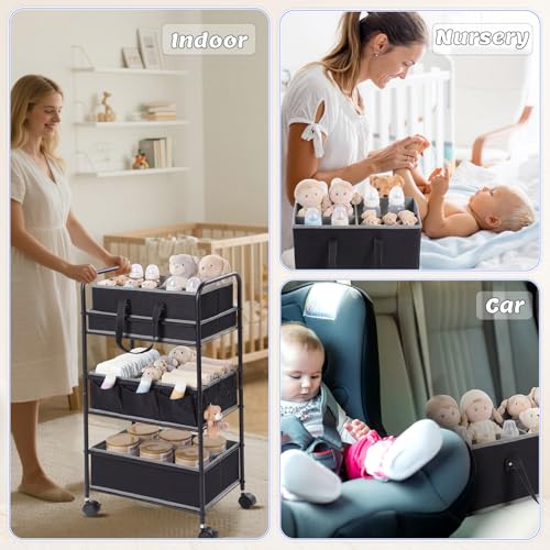 2in1 Baby Diaper Caddy Organizer Cart 3 Tier Large Capacity Metal Utility Bedside Rolling Cart with Divider Newborn Registry Nursery Essential Must Have Crib Bedroom Baby Shower (2 Count)