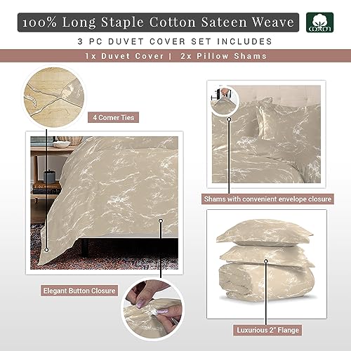 100% Cotton Marble Print King Duvet Cover Set 400TC Taupe