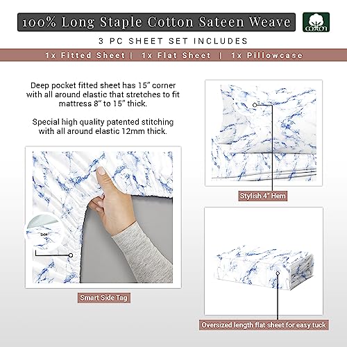 100% Cotton Carrara Marble Print Twin XL Sheets Set 400TC Blue