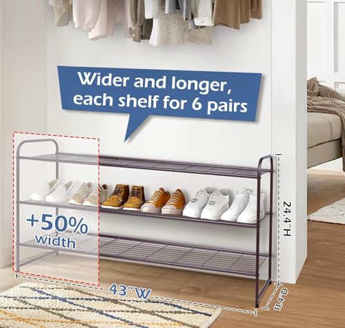 Long 3 Tier Shoe Rack for Closet Wide Shoe Storage Organizer Stackable Metal Shoe Shelf for 24 Pairs Men Sneakers with Wire Grid for Closet Floor