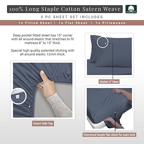 100% Cotton Sheets Set Twin 400 Thread Count Dark Blue