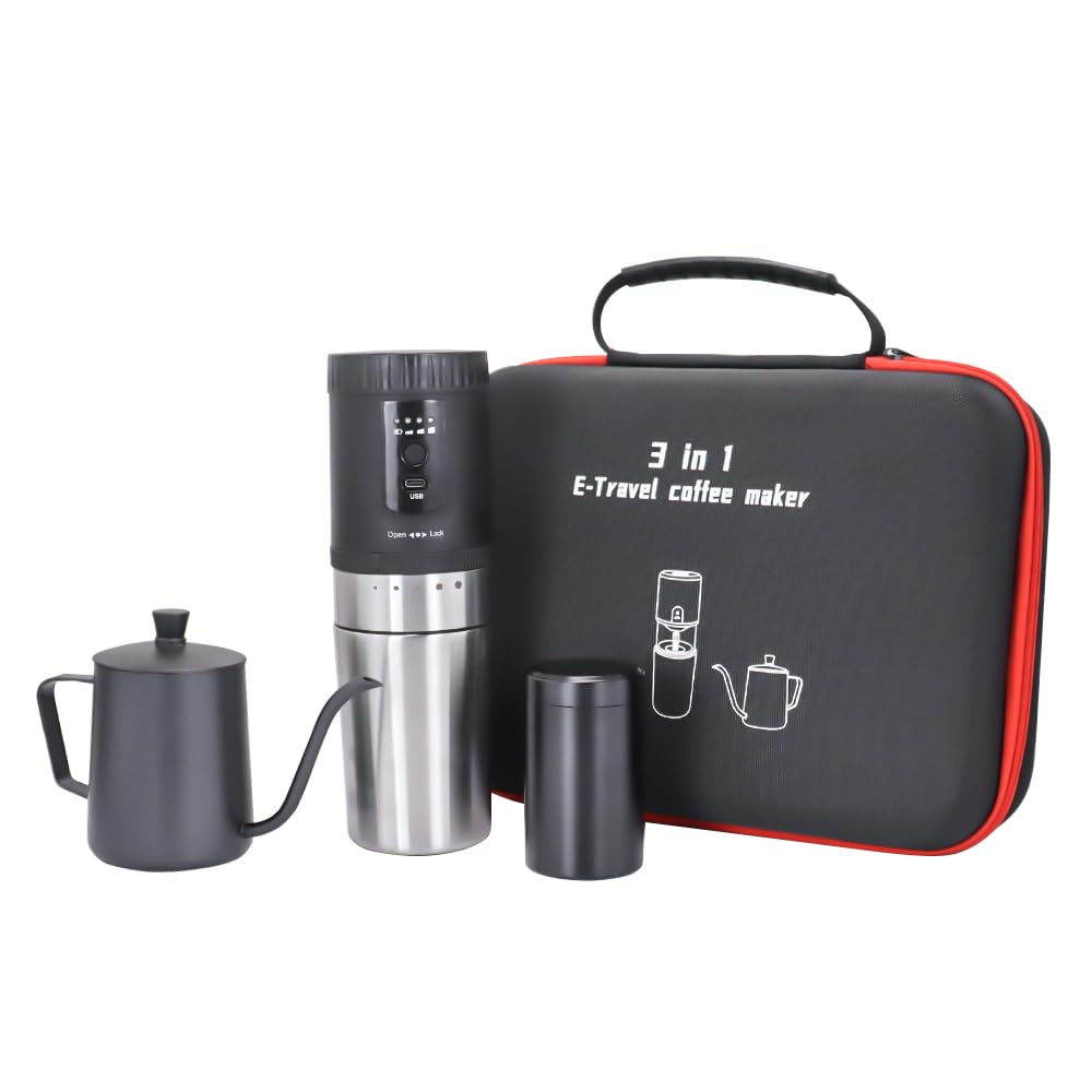 3 in 1 Portable Coffee Maker Set with Electric Burr Coffee Grinder Black Pour Over Kettle Coffee Bean Storage For Travel Hiking Picnic Camping