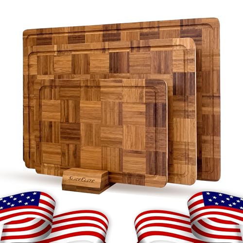 Extra Large Bamboo Cutting Board Set 3 Piece End Grain Wooden Chopping Boards with Holder Non Slip Feet Juice Groove XL Butcher Block Style Boards for Kitchen Carving and Serving