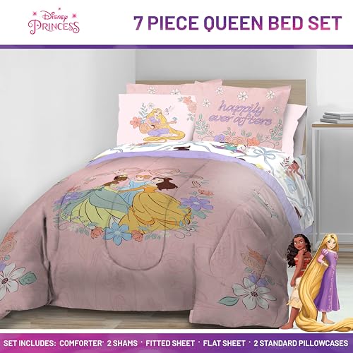 Disney Princess Queen Comforter Set 7 Piece Kids Bedding for Girls