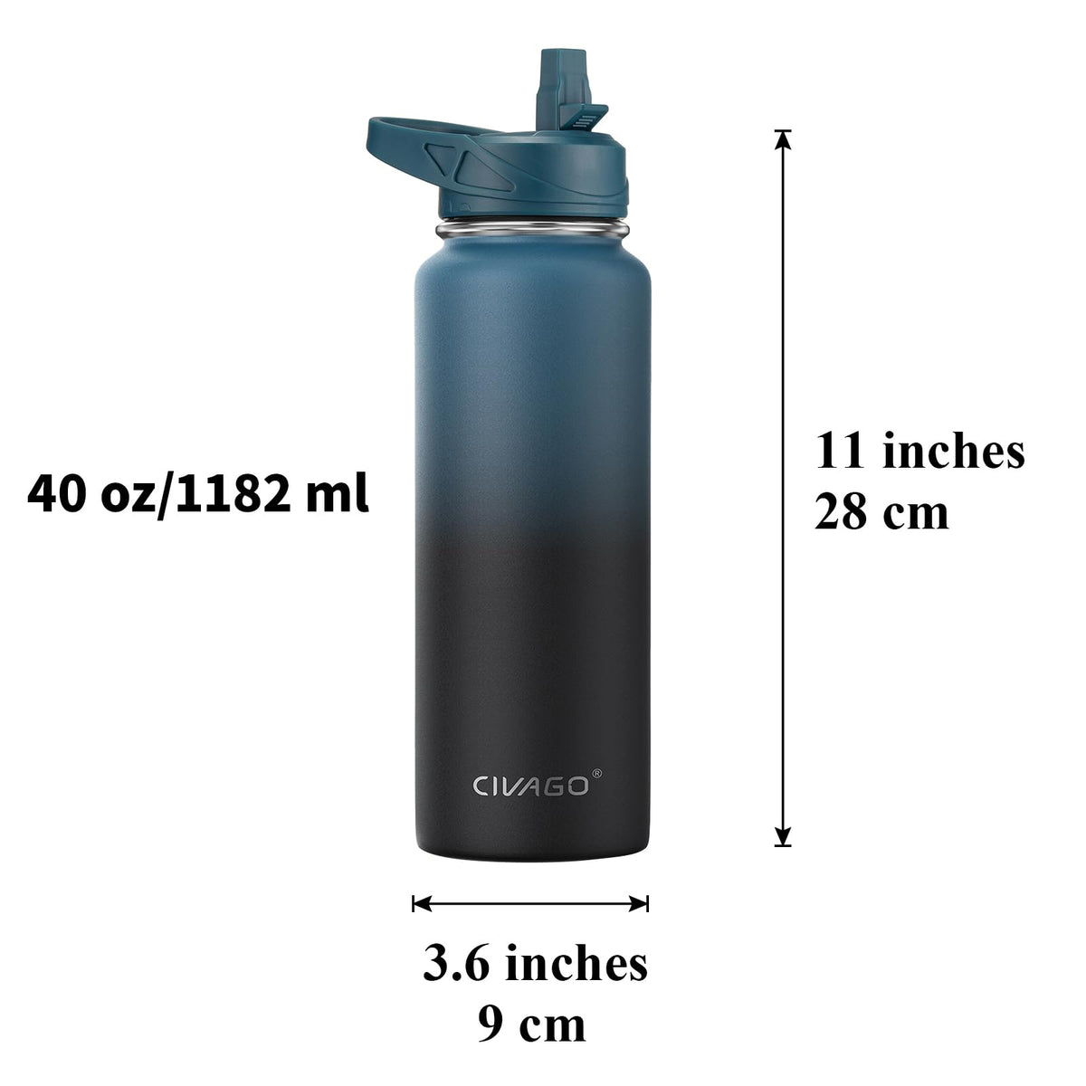 40 oz Insulated Stainless Steel Water Bottle With Straw and 3 Lids