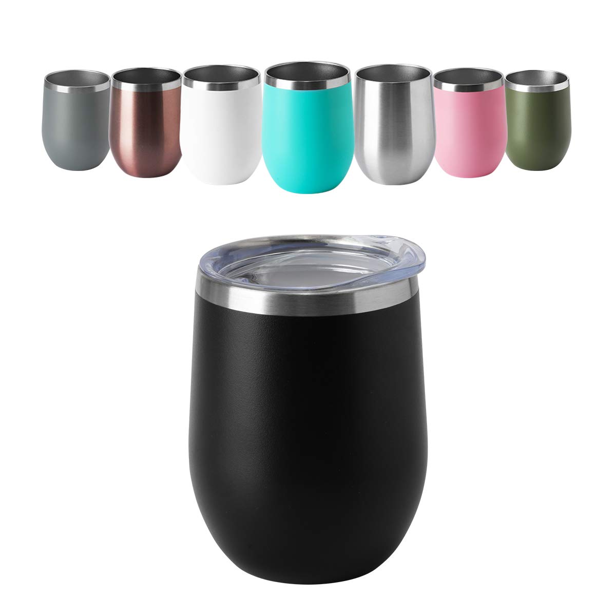 12oz Wine Tumbler with Lid Stemless Wine Glasses Double Wall Vacuum Travel Mugs stainless steel Coffee Cup for Cold & Hot Drinks Wine Coffee Cocktails Beer 6 Pack Black (6 Count)