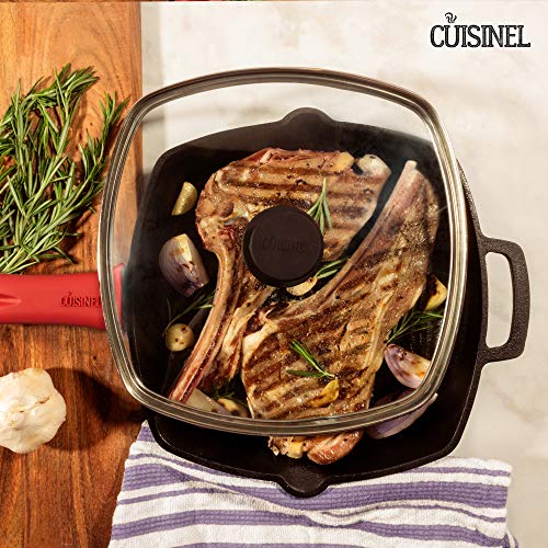 Cast Iron Square Grill Pan + Glass Lid + Pan Scraper + Handle Cover