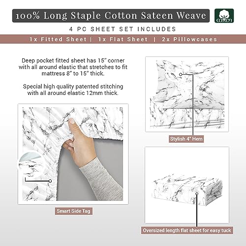 100% Cotton Marble Print California King Sheets Set 400TC White