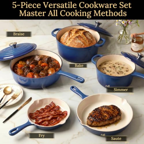 5 Piece Blue Enameled Cast Iron Cookware Set