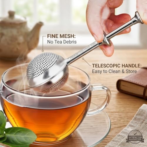 2-Pack Long-Handled Tea Strainer for Loose Tea, Extra Fine Mesh Stainless Steel Tea Infuser, Push-Style Loose Leaf Tea Steeper, Easy Clean Loose Tea Filter