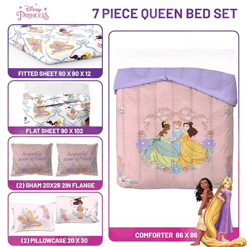 Disney Princess Queen Comforter Set 7 Piece Kids Bedding for Girls