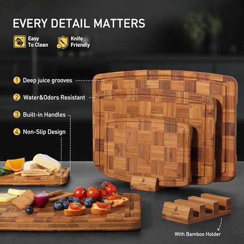 3 Pack Bamboo Cutting Board Set Non Toxic Wooden Cutting Board for Kitchen Non Slip Solid End Grain Thick Wood Juice Groove Chopping Board Edge Grain Teak Smart Marble Flexible Round Stone Metal (3 Count)