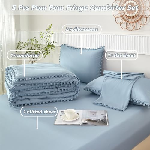 5 Pcs Grayish Blue Bed in A Bag Twin Aesthetic Boho Comforter with Pom Pom Soft Fluffy Light Blue Solid Bedding Quilt Set for Girls Boys