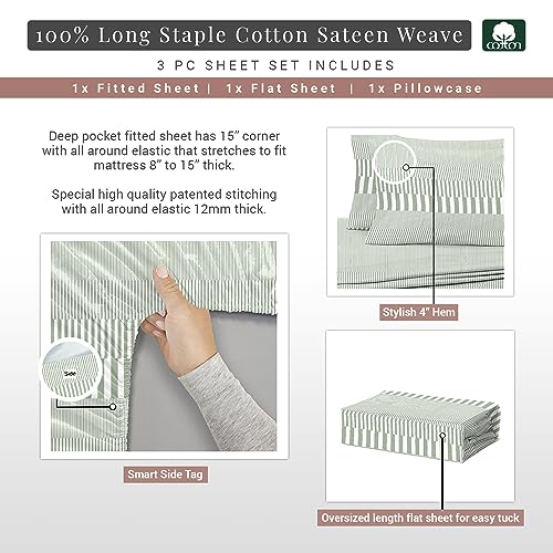 100% Cotton Cascade Stripe Print Twin Sheets Set 400TC Green