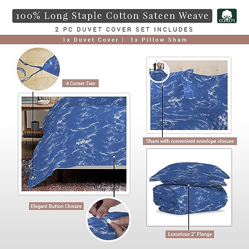100% Cotton Marble Print Twin Duvet Cover Set 400TC Blue