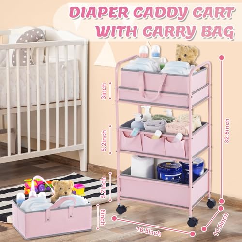 2in1 Baby Diaper Caddy Organizer Cart 3 Tier Large Capacity Metal Utility Bedside Rolling Cart with Divider Newborn Registry Nursery Essential Must Have Crib Bedroom Baby Shower (2 Count)