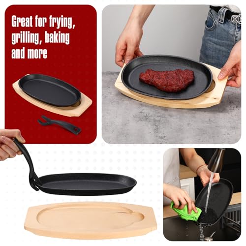 2 Pieces Oval Cast Iron Fajita Skillet Pan Set Small Sizzling Steak Plate with Wooden Base and Handle Cast Iron Fajita Skillet Sizzling Plate for Home Restaurant BBQ (2 Count)