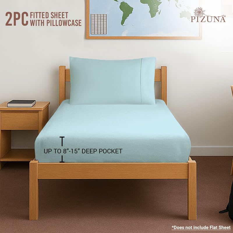 Cotton Twin XL Fitted Sheet + 2 Pillowcases Set 400TC Baby Blue