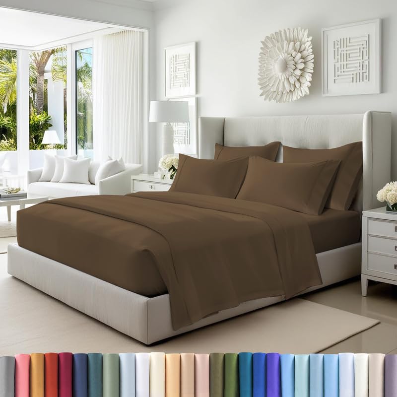 Cotton Sheets Set Queen with 4 Cases 400 Thread Count Woody Brown