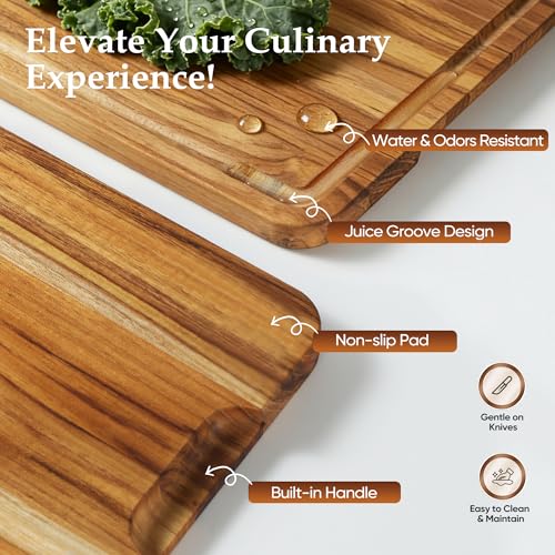 3 Pack Teak Cutting Board Set for Kitchen Wood Charcuterie Board with Juice Groove Wooden Cutting Boards Non Toxic Heavy Duty Slip Over Sink Solid Thick Chopping Board FSC (3 Count)