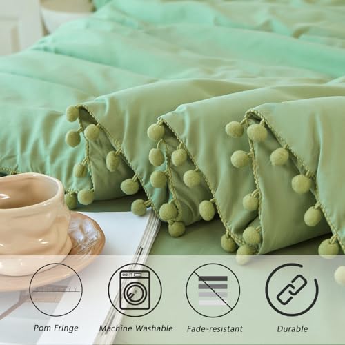 Green Bedding Set Full Size 5 Pieces Boho Pom Pom Fringe Bed in A Bag for Girls Kids Soft Lightweight All Season Solid Comforter Set for Bedroom