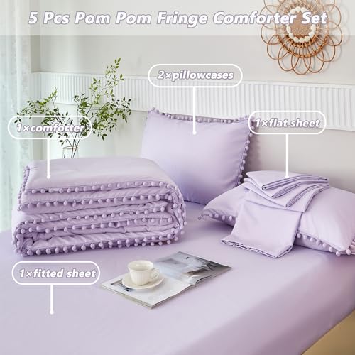 5 Pcs Girls Lavender Comforter Sets Full Boho Pom Pom Fringe Bedding Comforter with Sheet Set Soft Cute Purple Girls Bed in A Bag for All Season