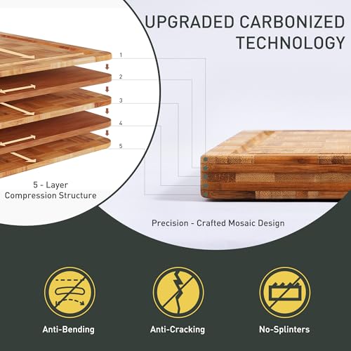 3 Pack Heavy Duty Bamboo Cutting Board Set Non Toxic Wooden Cutting Board for Kitchen Non Slip Solid End Grain Thick Wood Juice Groove Chopping Board Extra Large Butcher Block Best House Warming Gift (3 Count)