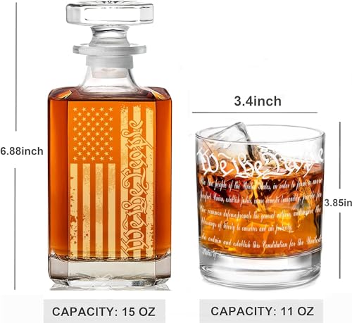 Whiskey Decanter Engraved We The People American Flag Decanter Set with 2 Glasses for Liquor Scotch Bourbon or Wine (3 Count)