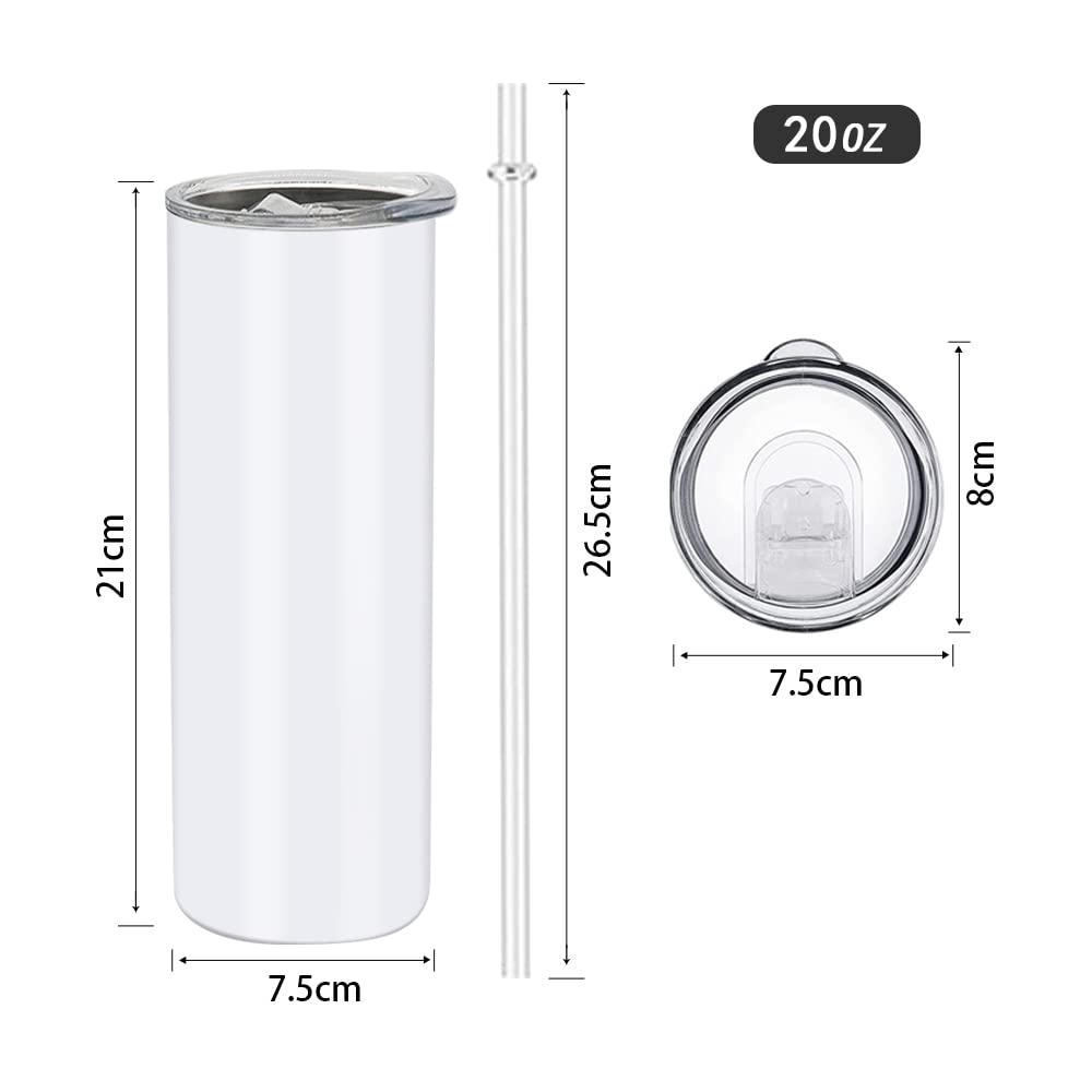 25Pack 20 oz Sublimation Blank Tumblers Skinny with Lid and straw (25 Count)