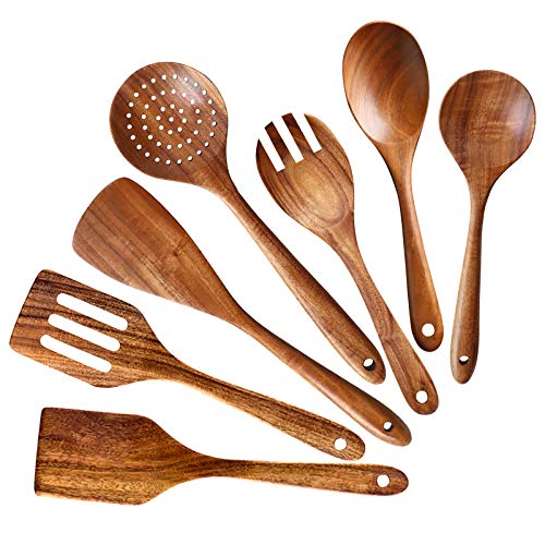 7 Acacia Wood Cooking Utensils Set Large Wooden Spoons for Cooking Spatula (7 Count)
