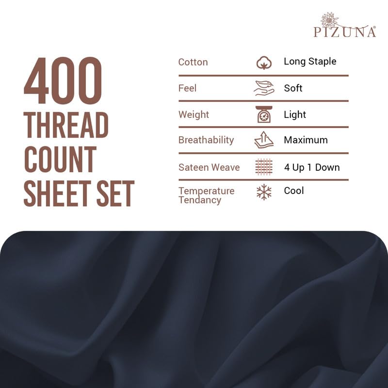 100% Cotton Sheets Set Queen 400 Thread Count Dark Blue