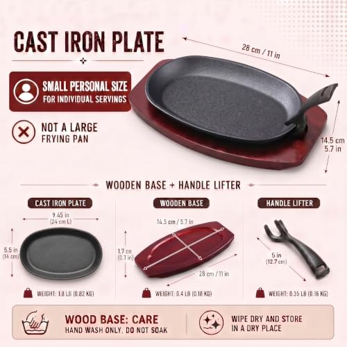 2 Pcs Oval Cast Iron Fajita Skillet Pan Set Small Sizzling Steak Plate with Wooden Base and Handle Cast Iron Fajita Skillet Sizzling Plate for Restaurant BBQ (2 Count)