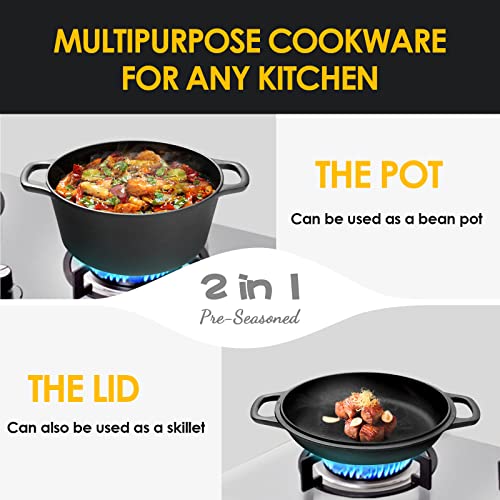 2-in-1 Pre-Seasoned Cast Iron Dutch Oven Pot with Skillet Lid Cooking Pan, Cast Iron Skillet Cookware Pan Set with Dual Handles, Indoor Outdoor for Bread/Frying/Baking/Camping/BBQ, 5 Qt