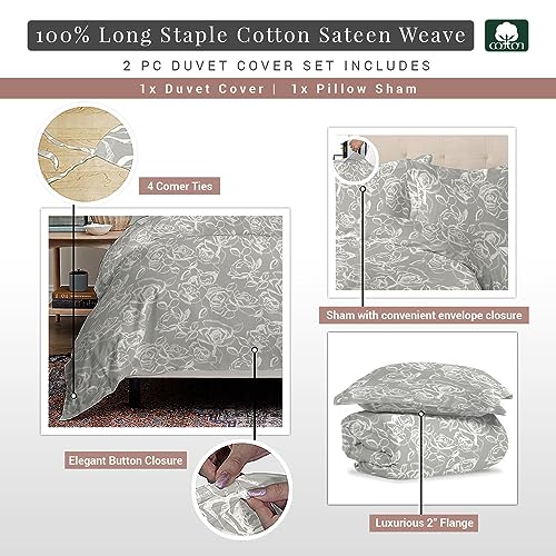 100% Cotton Simply Floral Print Twin Duvet Cover Set 400TC Silver