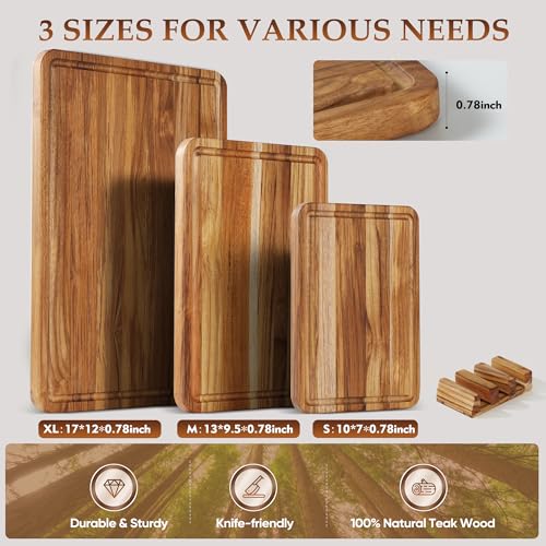 3 Pack Teak Cutting Board Set for Kitchen Wood Charcuterie Board with Juice Groove Wooden Cutting Boards Non Toxic Heavy Duty Slip Over Sink Solid Thick Chopping Board FSC (3 Count)