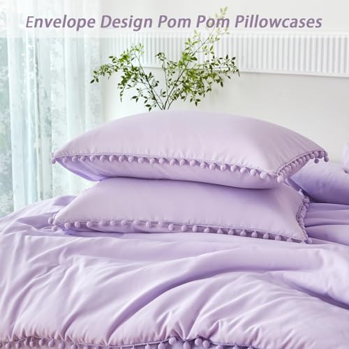 5 Pcs Girls Lavender Comforter Sets Full Boho Pom Pom Fringe Bedding Comforter with Sheet Set Soft Cute Purple Girls Bed in A Bag for All Season