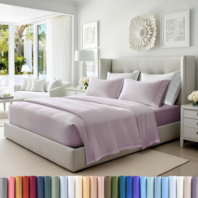 100% Cotton Sheets Set King 400 Thread Count Light Lilac