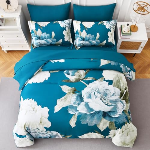 Teal Comforter Set Queen 7 Piece Floral Bed in a Bag