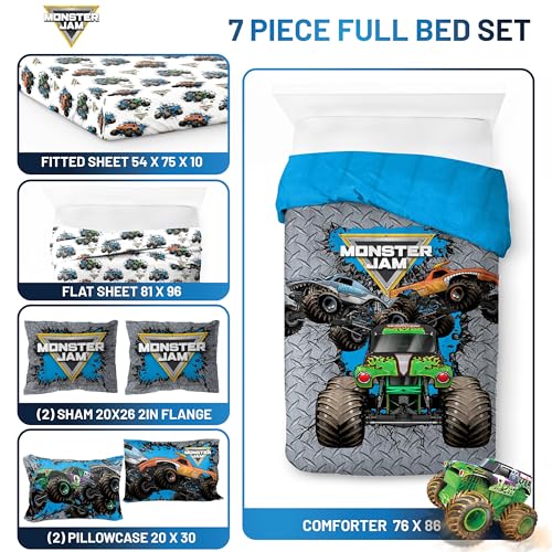 Monster Jam Full Size Comforter Set 7 Piece Kids Bedding for Boys
