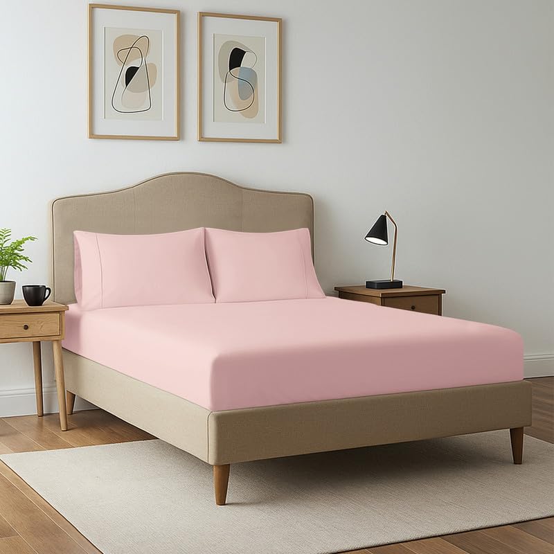 Cotton Full Fitted Sheet + 2 Pillowcases Set 400TC Light Pink