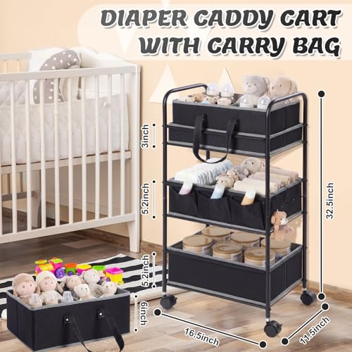 2in1 Baby Diaper Caddy Organizer Cart 3 Tier Large Capacity Metal Utility Bedside Rolling Cart with Divider Newborn Registry Nursery Essential Must Have Crib Bedroom Baby Shower (2 Count)
