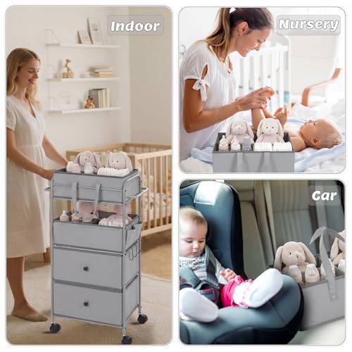3In1 Baby Diaper Caddy Organizer Cart 4 Tier Large Capacity Metal Utility Bedside Rolling Cart with Divider Newborn Registry Nursery Essential Must Have Bedroom Gift Baby Shower